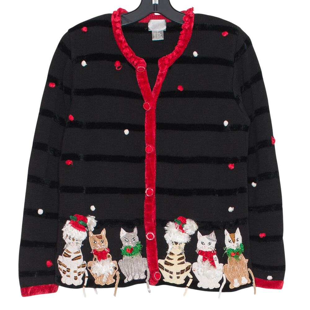 Vintage Berek Cardigan Ugly Christmas Sweater Cat Beaded Novelty Black Grandma S